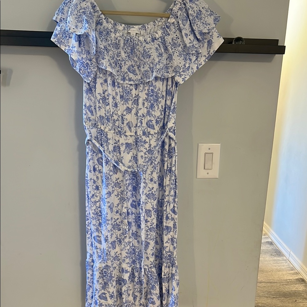Charter Club Blue and White Ruched Off-Shoulder Maxi Dress